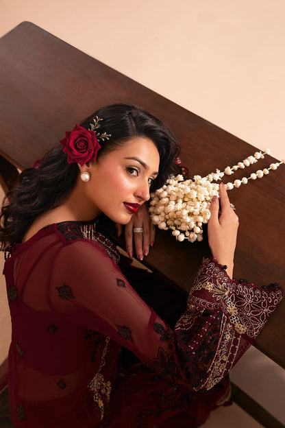 Deep Red Embroidered Chiffon 3-Piece Suit | Organza Border & Chiffon Dupatta – Stitched Pakistani Semi-Formal Dress UK | Dastak Vol 3 Q-303 - Image 5