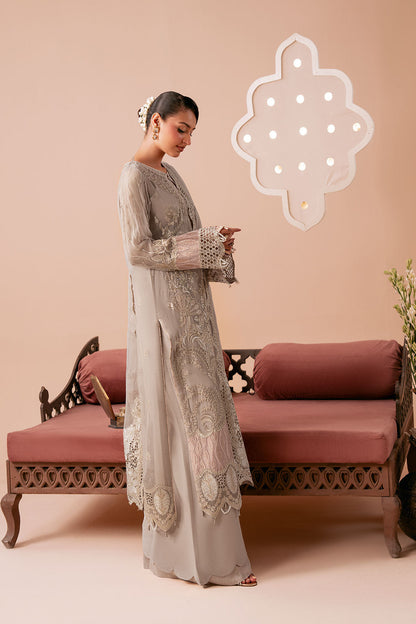Light Brown Embroidered Chiffon 3-Piece Suit | Organza Border & Chiffon Dupatta – Stitched Pakistani Semi-Formal Dress UK | Dastak Vol 3 Q-304 - Image 6