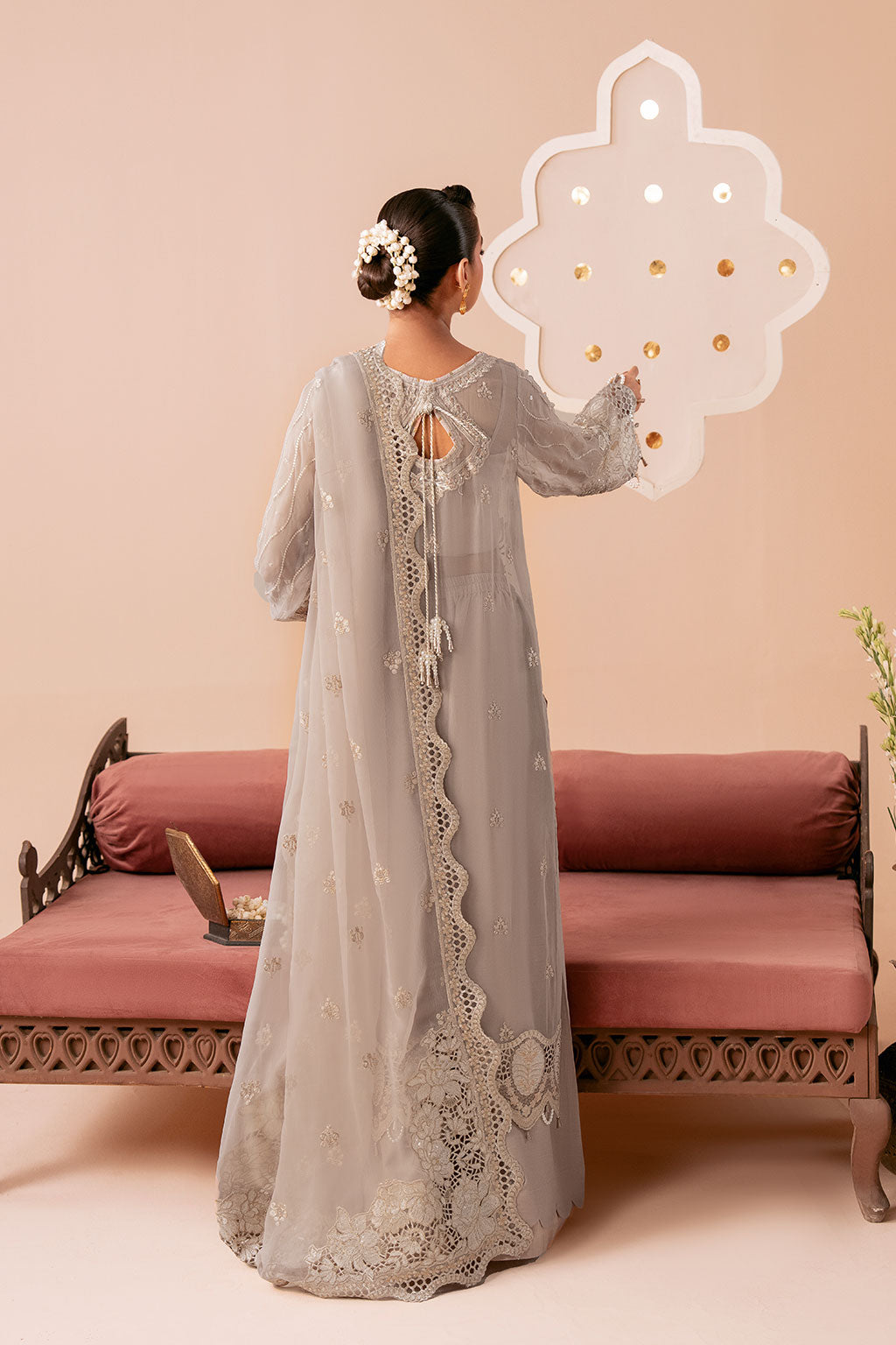 Light Brown Embroidered Chiffon 3-Piece Suit | Organza Border & Chiffon Dupatta – Stitched Pakistani Semi-Formal Dress UK | Dastak Vol 3 Q-304 - Image 2