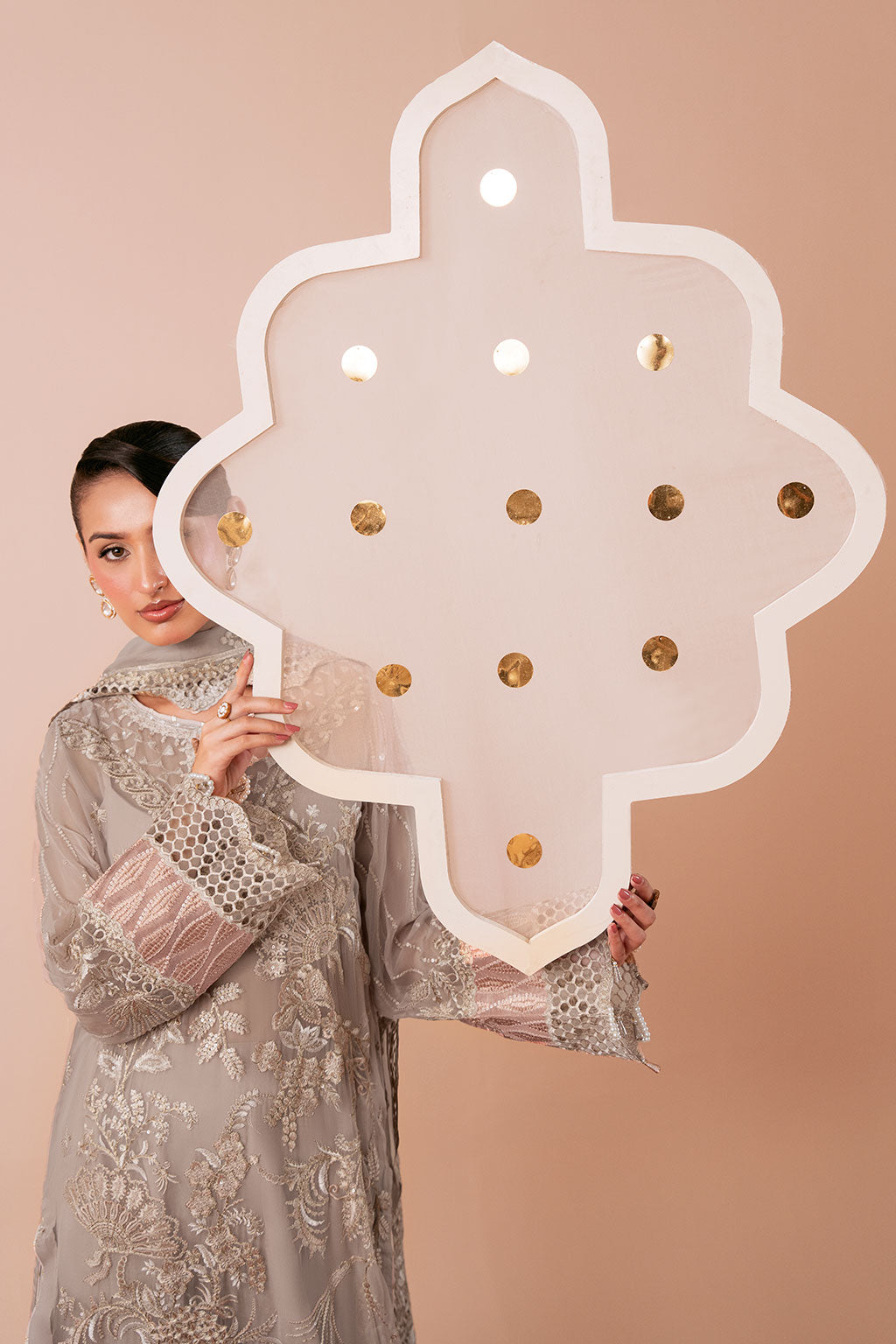 Light Brown Embroidered Chiffon 3-Piece Suit | Organza Border & Chiffon Dupatta – Stitched Pakistani Semi-Formal Dress UK | Dastak Vol 3 Q-304 - Image 3