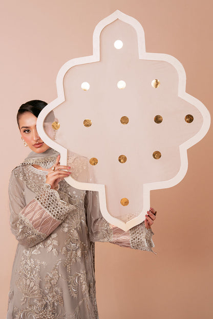 Light Brown Embroidered Chiffon 3-Piece Suit | Organza Border & Chiffon Dupatta – Stitched Pakistani Semi-Formal Dress UK | Dastak Vol 3 Q-304 - Image 3