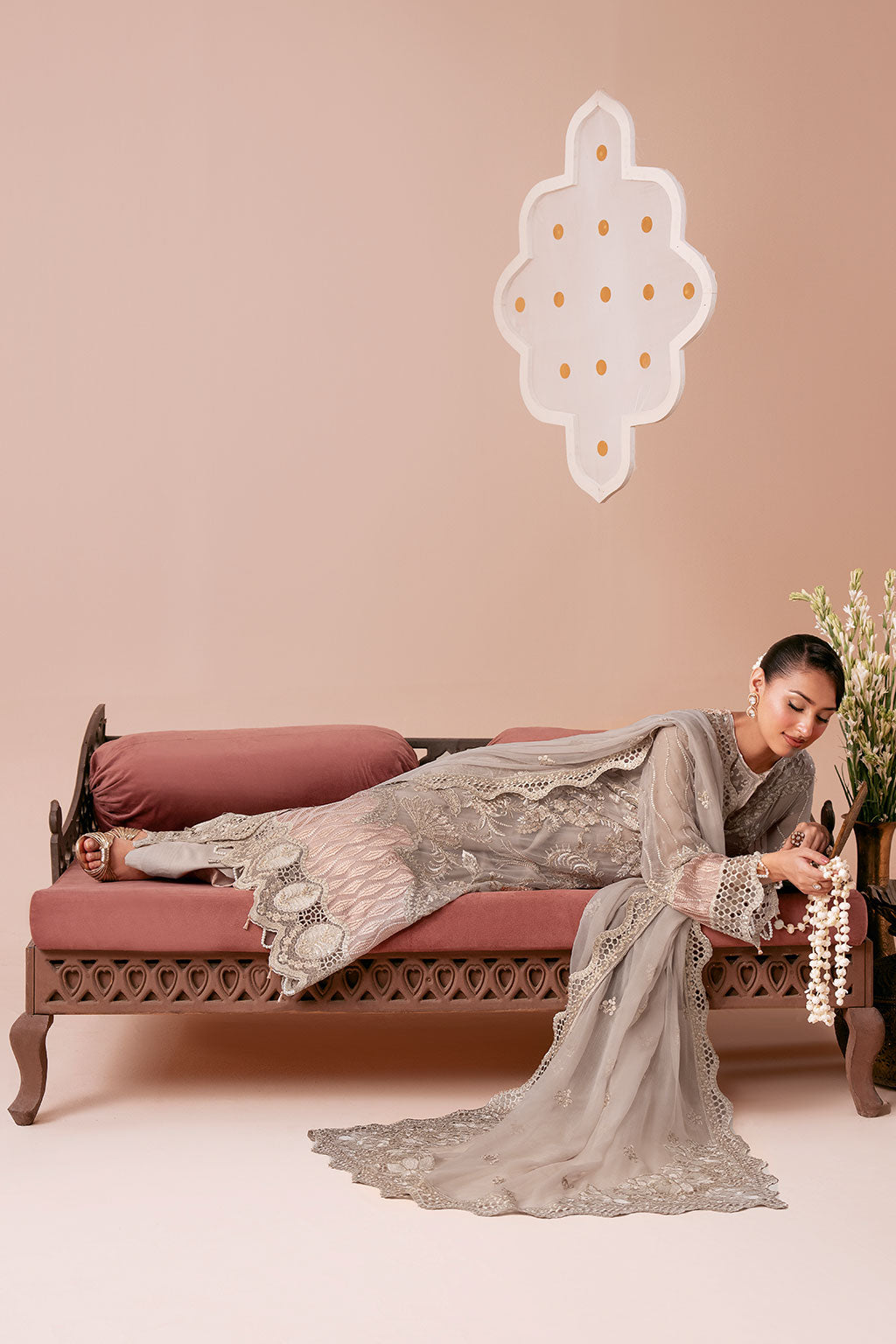 Light Brown Embroidered Chiffon 3-Piece Suit | Organza Border & Chiffon Dupatta – Stitched Pakistani Semi-Formal Dress UK | Dastak Vol 3 Q-304 - Image 5