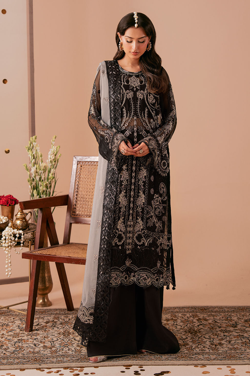 Black Chiffon 3-Piece Suit | Dastak Q-306 – View 6