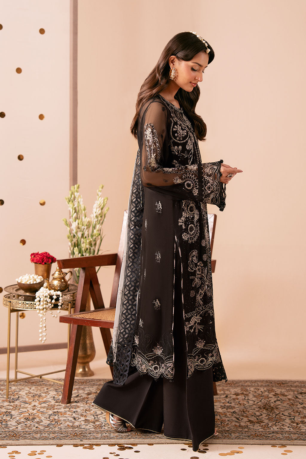 Black Chiffon 3-Piece Suit | Dastak Q-306 – View 7