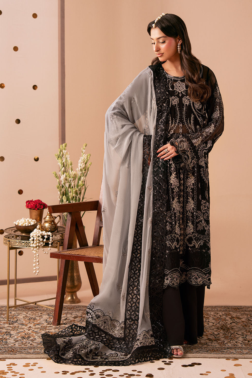 Black Chiffon 3-Piece Suit | Dastak Q-306 – View 1