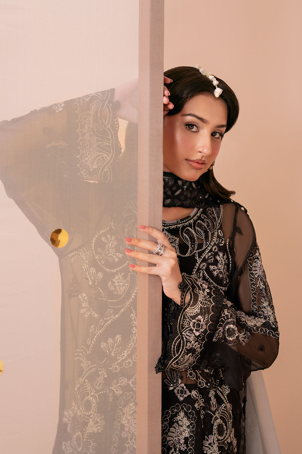 Black Chiffon 3-Piece Suit | Dastak Q-306 – View 3