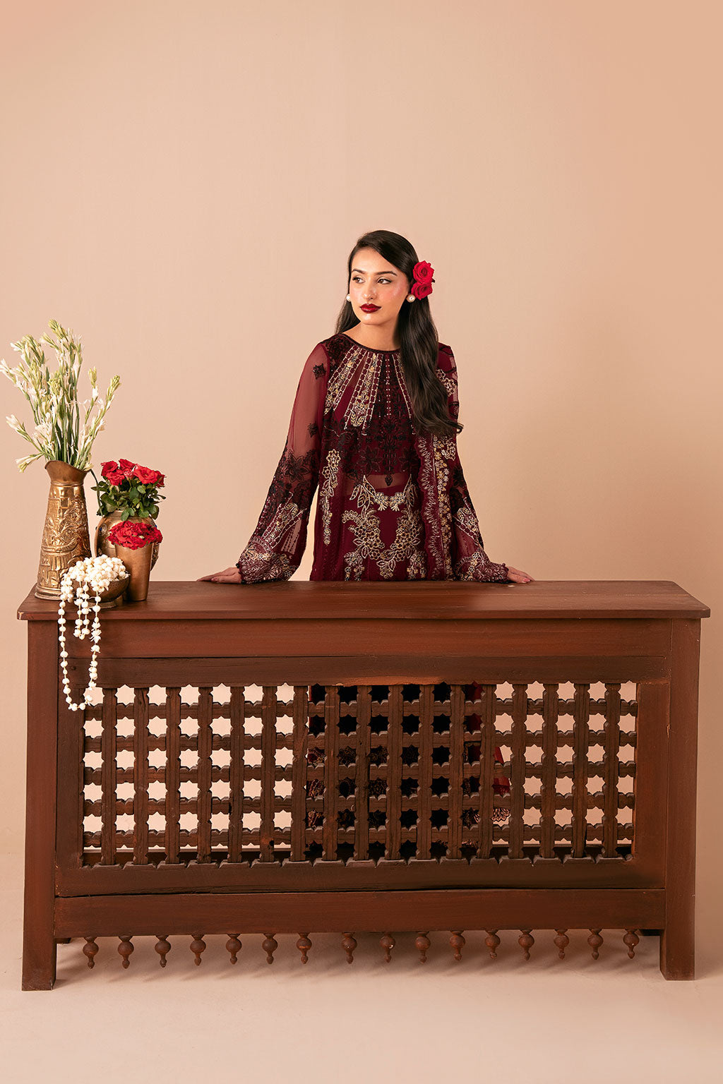 Deep Red Embroidered Chiffon 3-Piece Suit | Organza Border & Chiffon Dupatta – Stitched Pakistani Semi-Formal Dress UK | Dastak Vol 3 Q-303 - Image 6