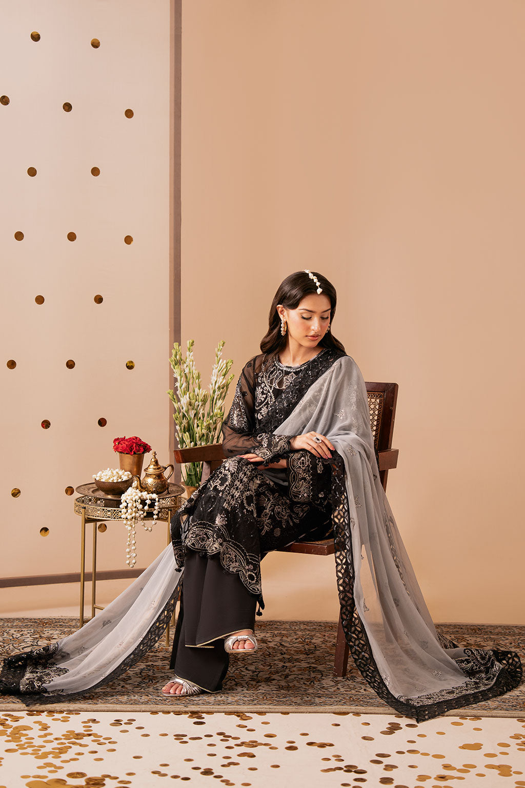Black Chiffon 3-Piece Suit | Dastak Q-306 – View 4