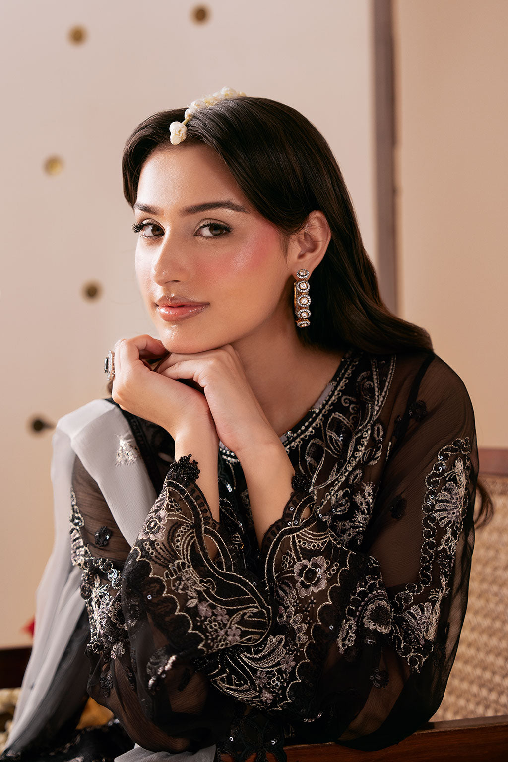 Black Chiffon 3-Piece Suit | Dastak Q-306 – View 5