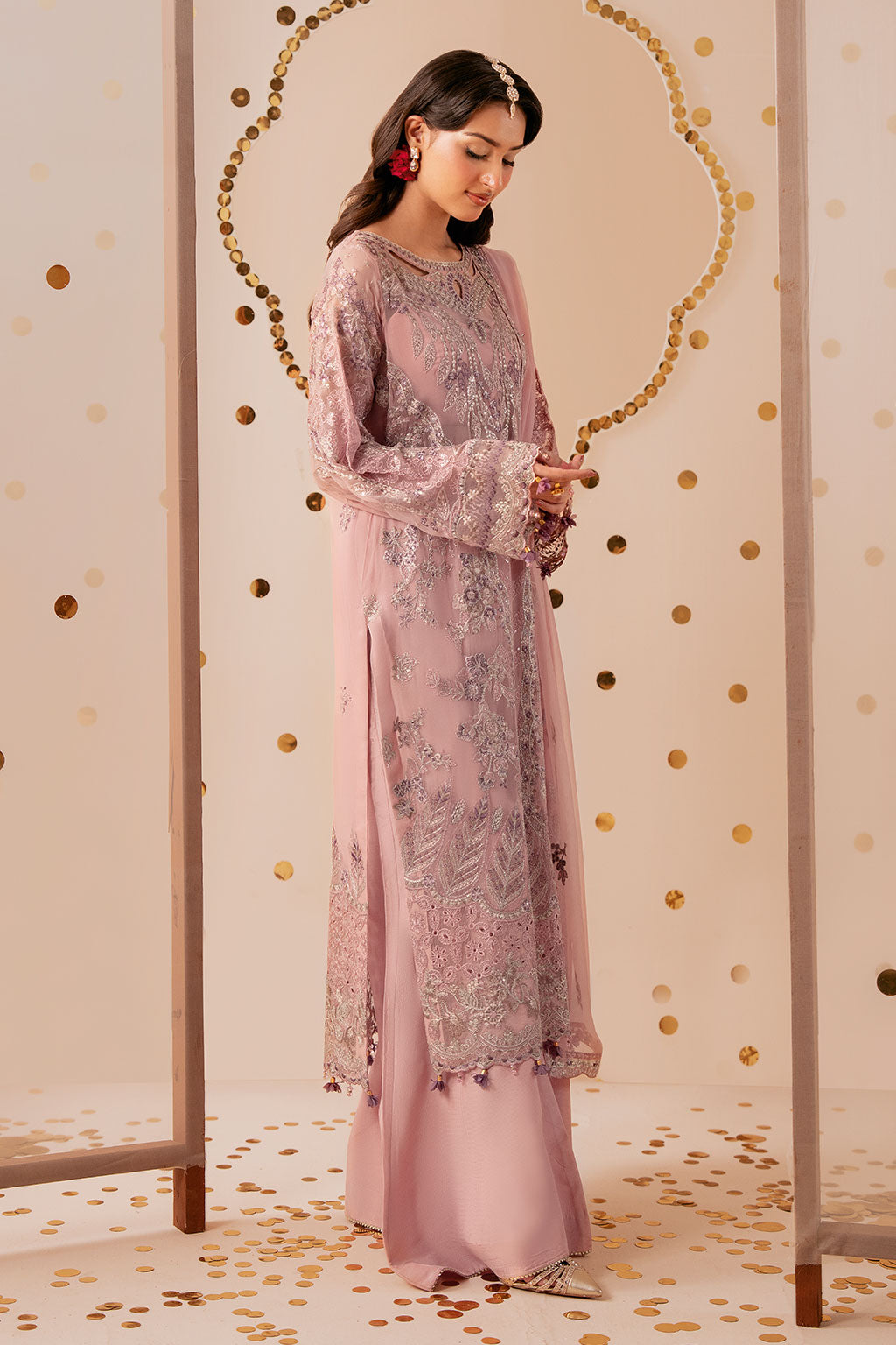 Pink Embroidered Chiffon 3-Piece Suit | Organza Border & Chiffon Dupatta – Stitched Pakistani Semi-Formal Dress UK | Dastak Vol 3 Q-305 - Image 3