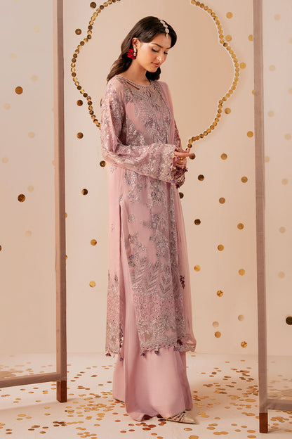 Pink Embroidered Chiffon 3-Piece Suit | Organza Border & Chiffon Dupatta – Stitched Pakistani Semi-Formal Dress UK | Dastak Vol 3 Q-305 - Image 3