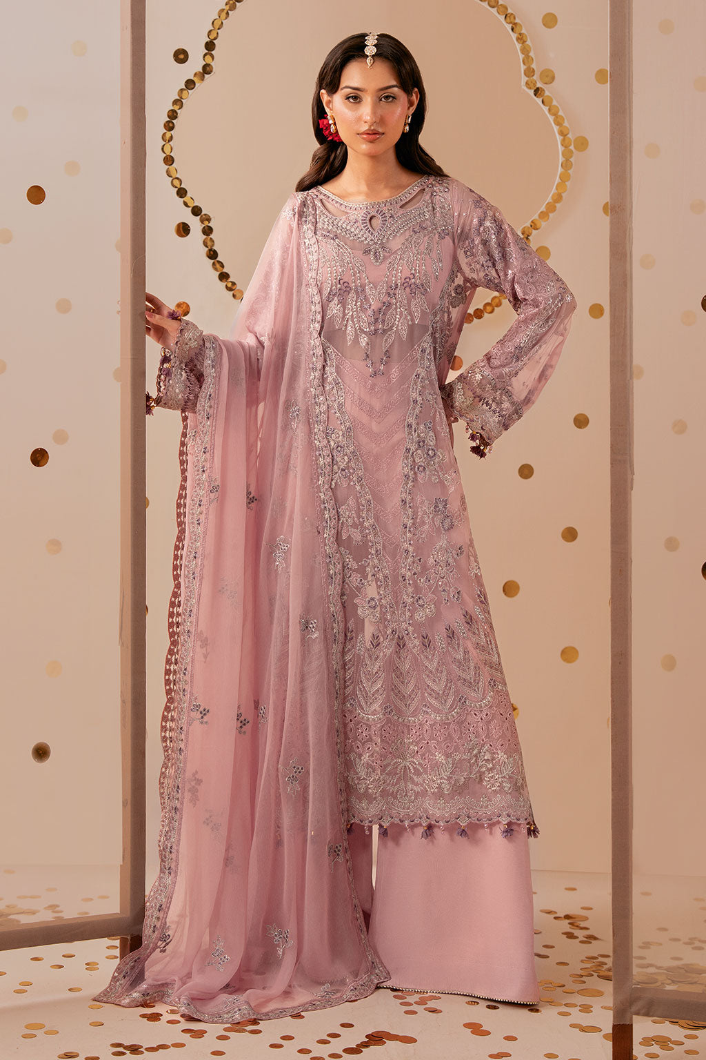 Pink Embroidered Chiffon 3-Piece Suit | Organza Border & Chiffon Dupatta – Stitched Pakistani Semi-Formal Dress UK | Dastak Vol 3 Q-305 - Image 4