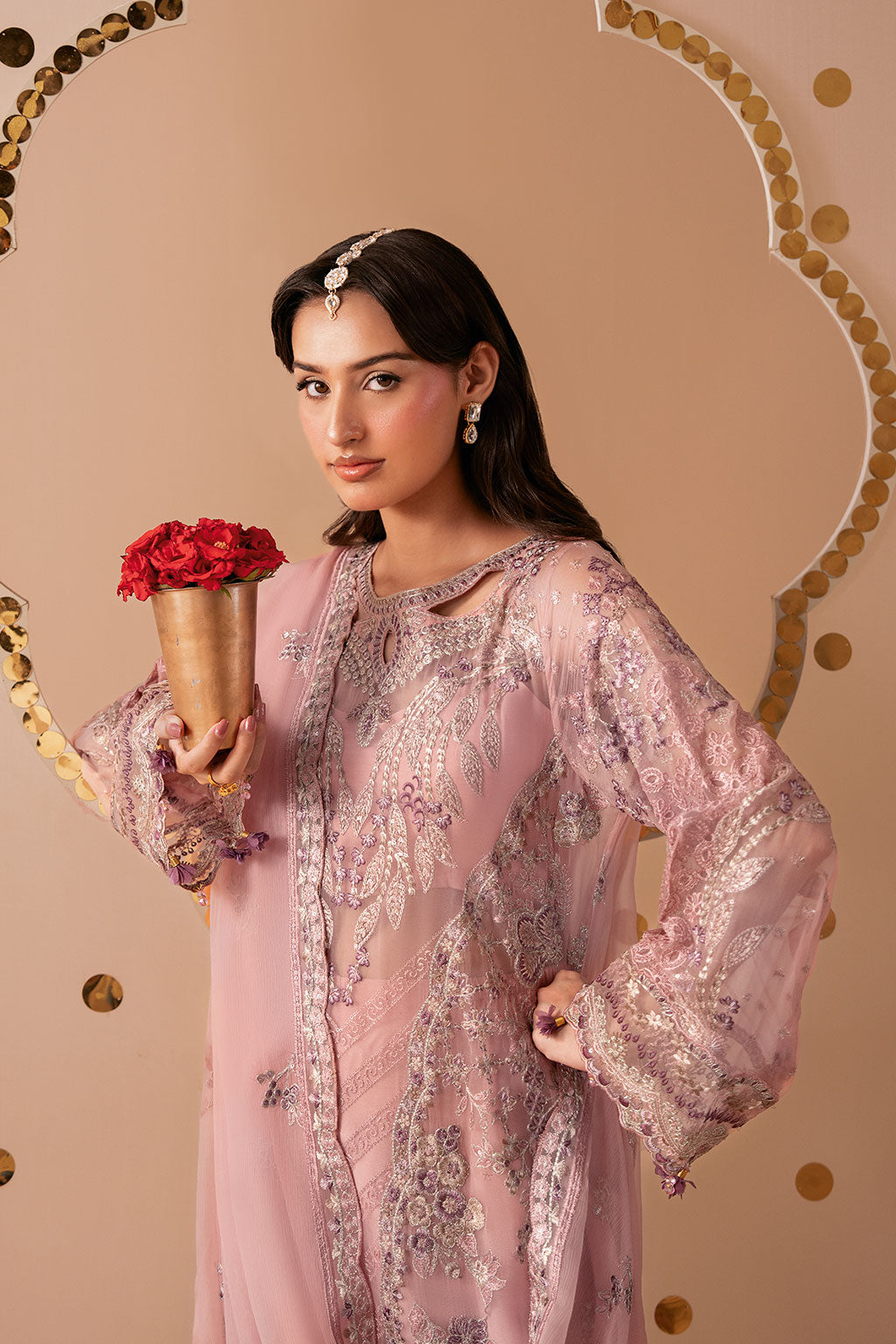 Pink Embroidered Chiffon 3-Piece Suit | Organza Border & Chiffon Dupatta – Stitched Pakistani Semi-Formal Dress UK | Dastak Vol 3 Q-305 - Image 5