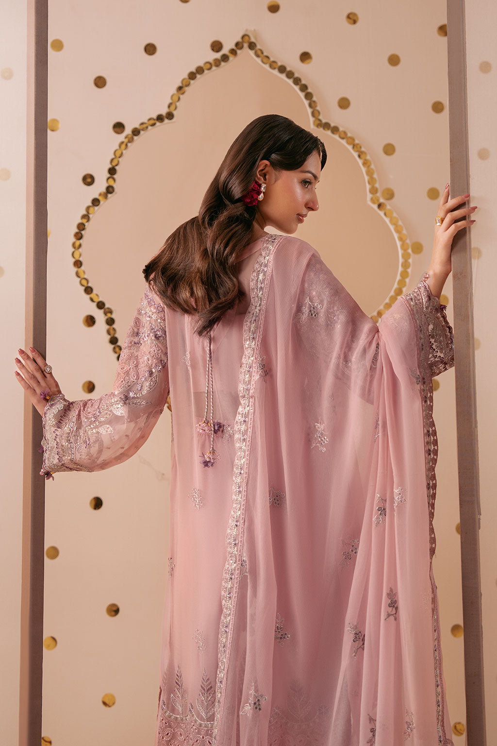 Pink Embroidered Chiffon 3-Piece Suit | Organza Border & Chiffon Dupatta – Stitched Pakistani Semi-Formal Dress UK | Dastak Vol 3 Q-305 - Image 8