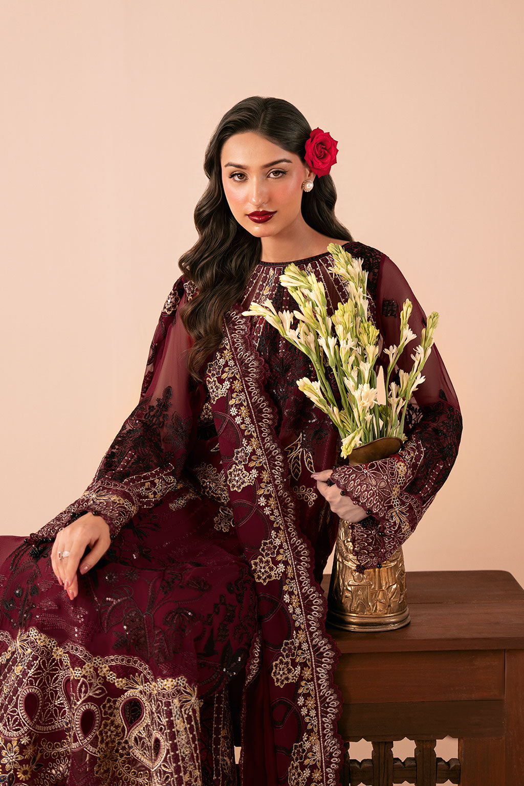 Deep Red Embroidered Chiffon 3-Piece Suit | Organza Border & Chiffon Dupatta – Stitched Pakistani Semi-Formal Dress UK | Dastak Vol 3 Q-303 - Image 7