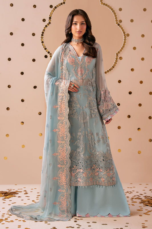Light Cyan Embroidered Chiffon 3-Piece Suit | Organza Border & Chiffon Dupatta – Stitched Pakistani Semi-Formal Dress UK | Dastak Vol 3 Q-301 - Image 1