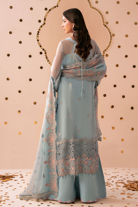 Light Cyan Embroidered Chiffon 3-Piece Suit | Organza Border & Chiffon Dupatta – Stitched Pakistani Semi-Formal Dress UK | Dastak Vol 3 Q-301 - Image 2