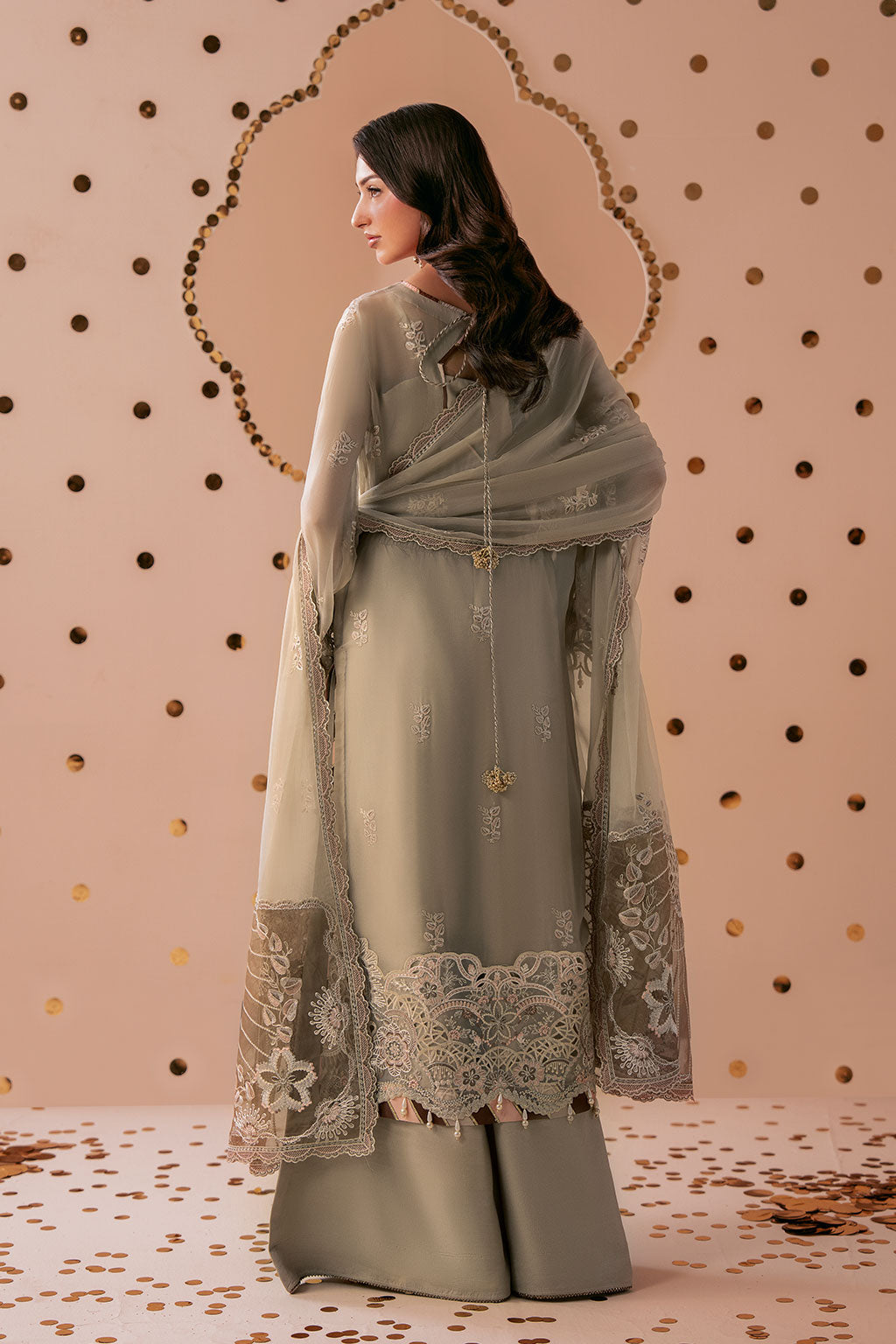 Beige Chiffon 3-Piece Suit | Dastak Q-307 – View 3