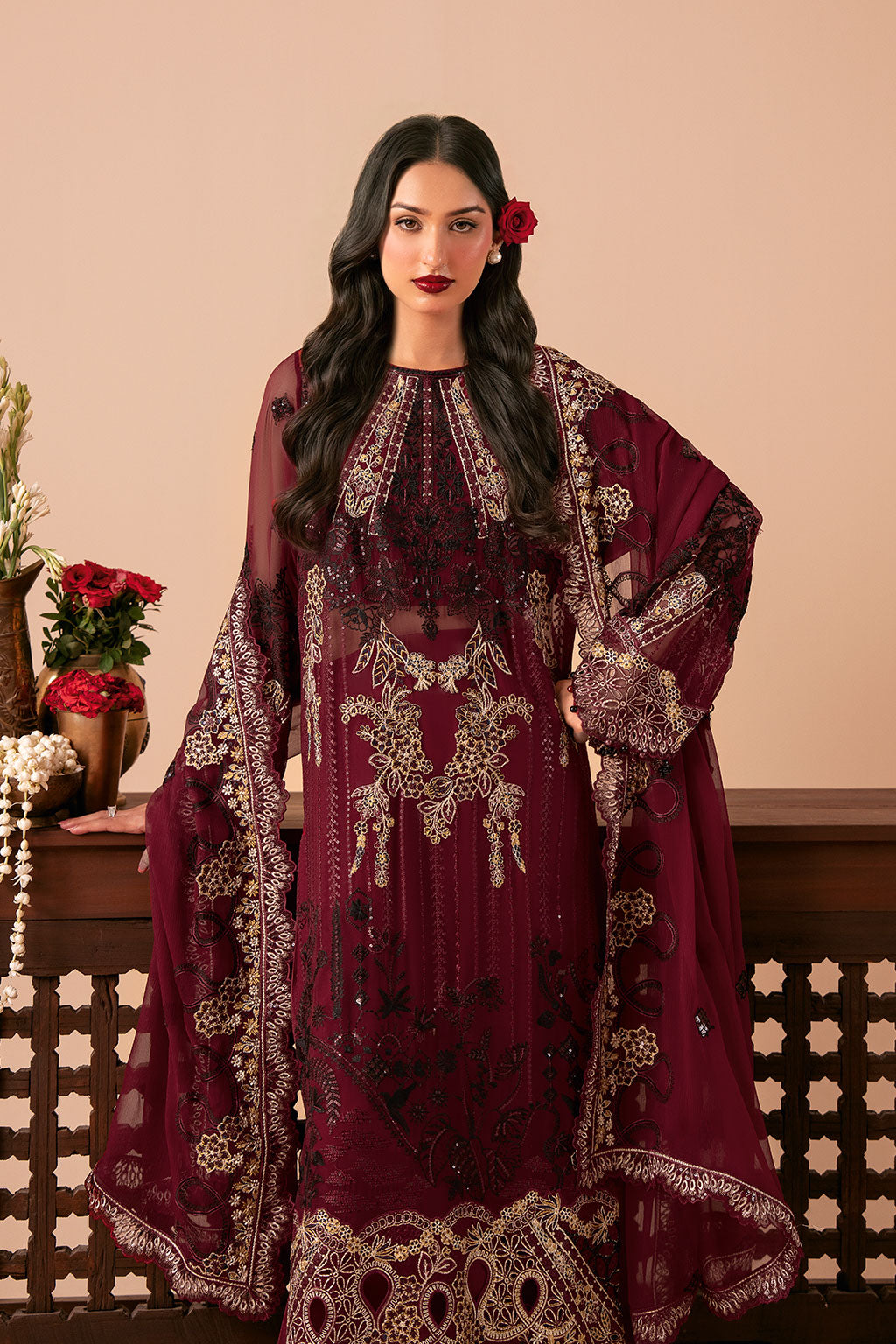 Deep Red Embroidered Chiffon 3-Piece Suit | Organza Border & Chiffon Dupatta – Stitched Pakistani Semi-Formal Dress UK | Dastak Vol 3 Q-303 - Image 9