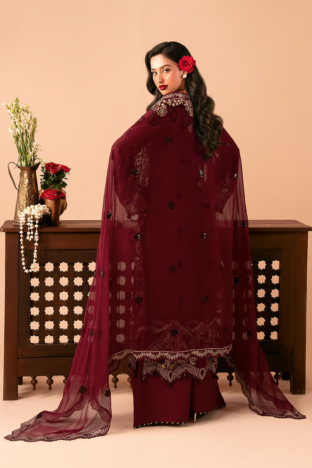 Deep Red Embroidered Chiffon 3-Piece Suit | Organza Border & Chiffon Dupatta – Stitched Pakistani Semi-Formal Dress UK | Dastak Vol 3 Q-303 - Image 2