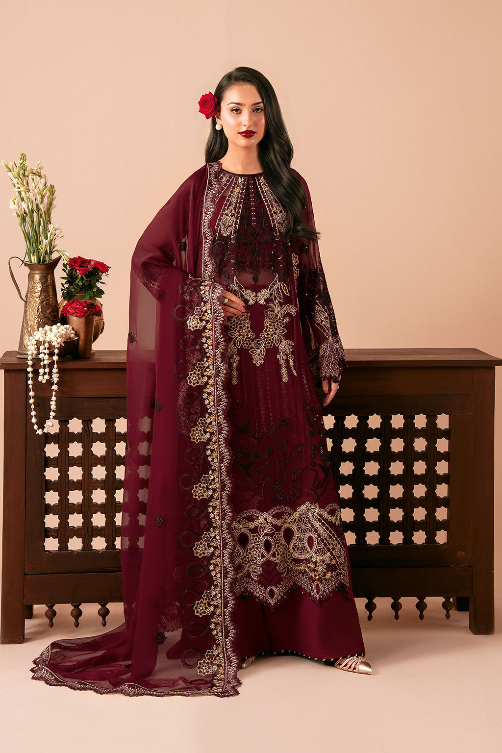 Deep Red Embroidered Chiffon 3-Piece Suit | Organza Border & Chiffon Dupatta – Stitched Pakistani Semi-Formal Dress UK | Dastak Vol 3 Q-303 - Image 1