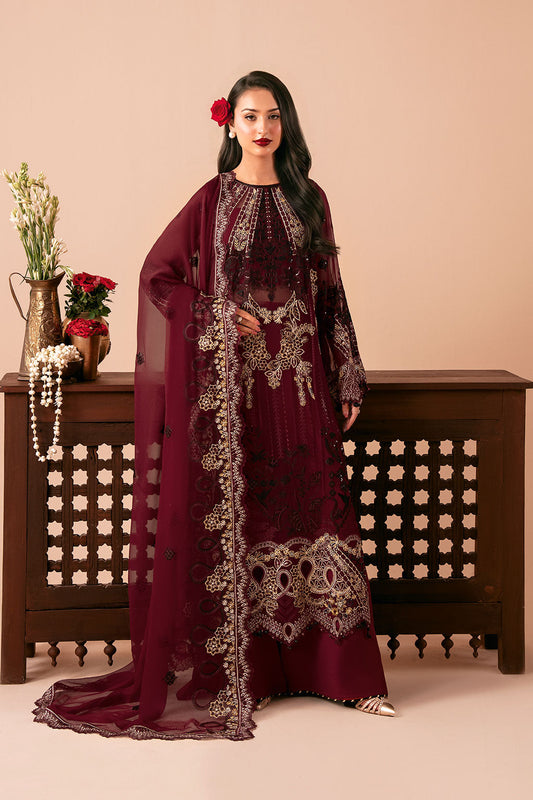 Deep Red Embroidered Chiffon 3-Piece Suit | Organza Border & Chiffon Dupatta – Stitched Pakistani Semi-Formal Dress UK | Dastak Vol 3 Q-303 - Image 1
