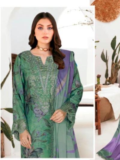 Sage Green & Lavender Printed Raw Silk 3-Piece Suit Riwaj J-613