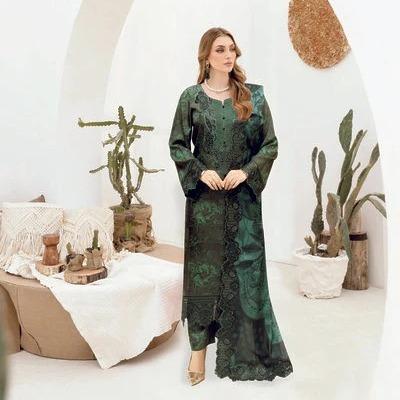 Dark Green Printed Raw Silk 3-Piece Suit Riwaj J-605