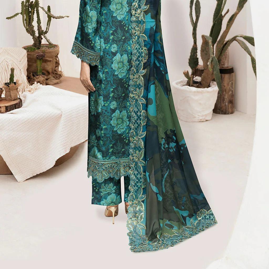 Emerald Green Printed Raw Silk 3-Piece Suit Riwaj J-606