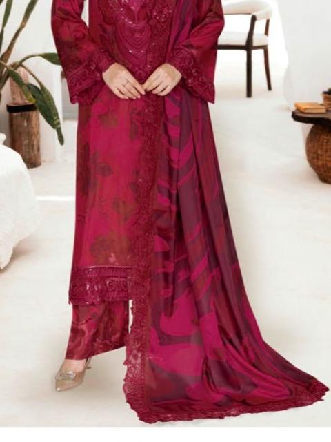 Deep Berry Magenta Printed Raw Silk 3-Piece Suit Riwaj J-610