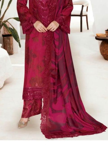 Deep Berry Magenta Printed Raw Silk 3-Piece Suit Riwaj J-610