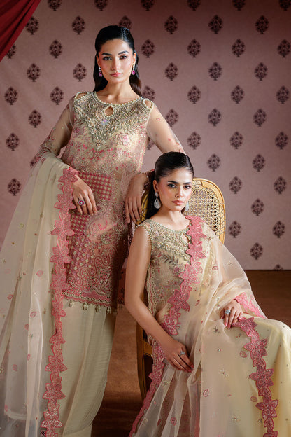 Cream & Pink Embroidered Organza 3-Piece Suit | Raw Silk Trouser & Organza Dupatta – Ready to Wear Pakistani Formal Dress UK | Ramsha Festive E-302 - View 3
