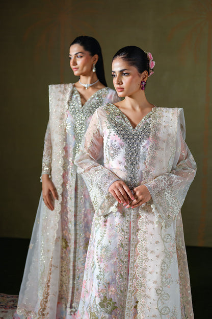 White Net Gown with Pink Floral Undershirt | Ramsha E-306 – View 6