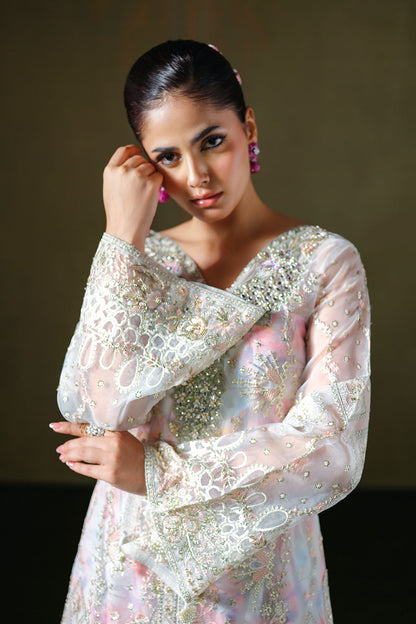 White Net Gown with Pink Floral Undershirt | Ramsha E-306 – View 5