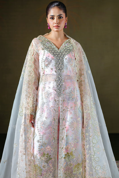 White Net Gown with Pink Floral Undershirt | Ramsha E-306 – View 4