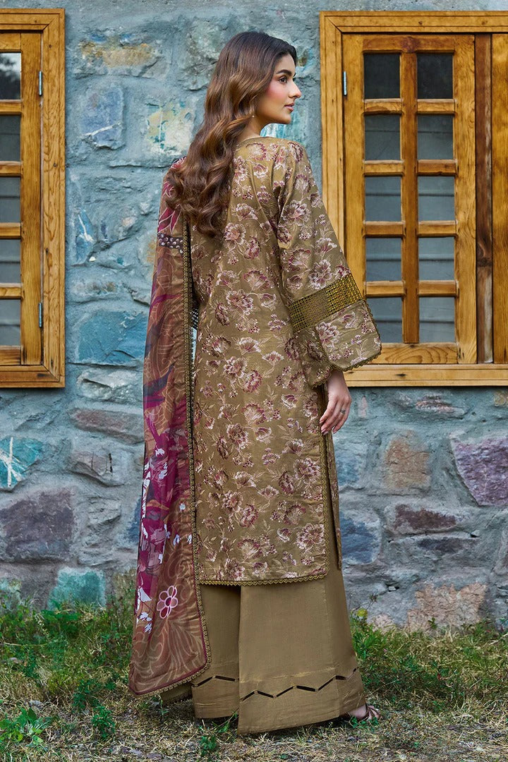 Olive Brown Floral Woven Viscose 3-Piece Suit | Cutwork Lace & Chiffon Dupatta – Ready to Wear Pakistani Winter Dress UK | Viscose Vol 7 J-702 - View 2