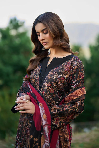 Black Floral Woven Viscose 3-Piece Suit | Red Border Chiffon Dupatta & Trouser – Ready to Wear Pakistani Winter Dress UK | Viscose Vol 7 J-705 - View 3
