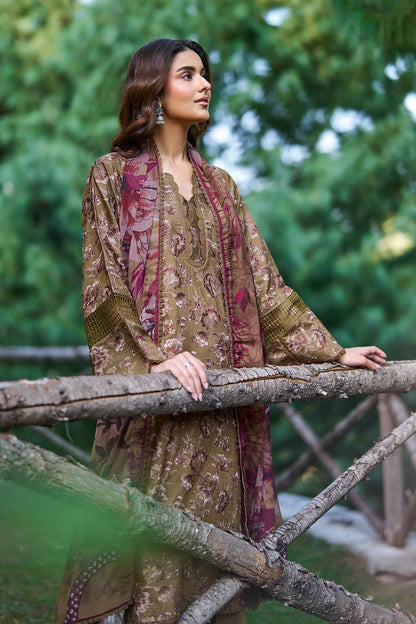 Olive Brown Floral Woven Viscose 3-Piece Suit | Cutwork Lace & Chiffon Dupatta – Ready to Wear Pakistani Winter Dress UK | Viscose Vol 7 J-702 - View 3