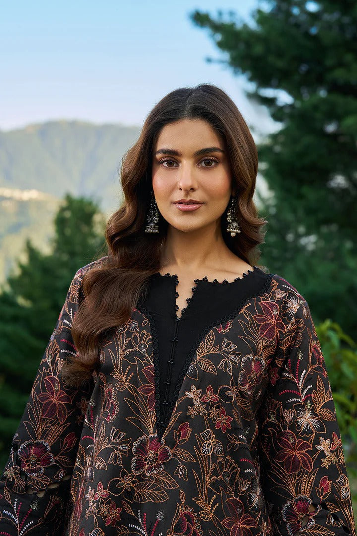 Black Floral Woven Viscose 3-Piece Suit | Red Border Chiffon Dupatta & Trouser – Ready to Wear Pakistani Winter Dress UK | Viscose Vol 7 J-705 - View 4