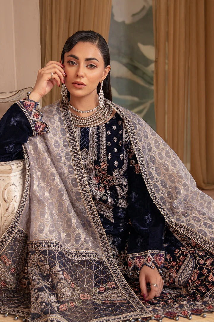 Navy Blue Embroidered Velvet 3-Piece Suit | Jacquard Woven Dupatta & Raw Silk Trouser – Readymade Pakistani Winter Luxury Formal UK | Velvet Vol 5 V-501 - View 4