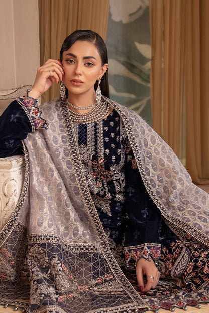 Navy Blue Embroidered Velvet 3-Piece Suit | Jacquard Woven Dupatta & Raw Silk Trouser – Readymade Pakistani Winter Luxury Formal UK | Velvet Vol 5 V-501 - View 4
