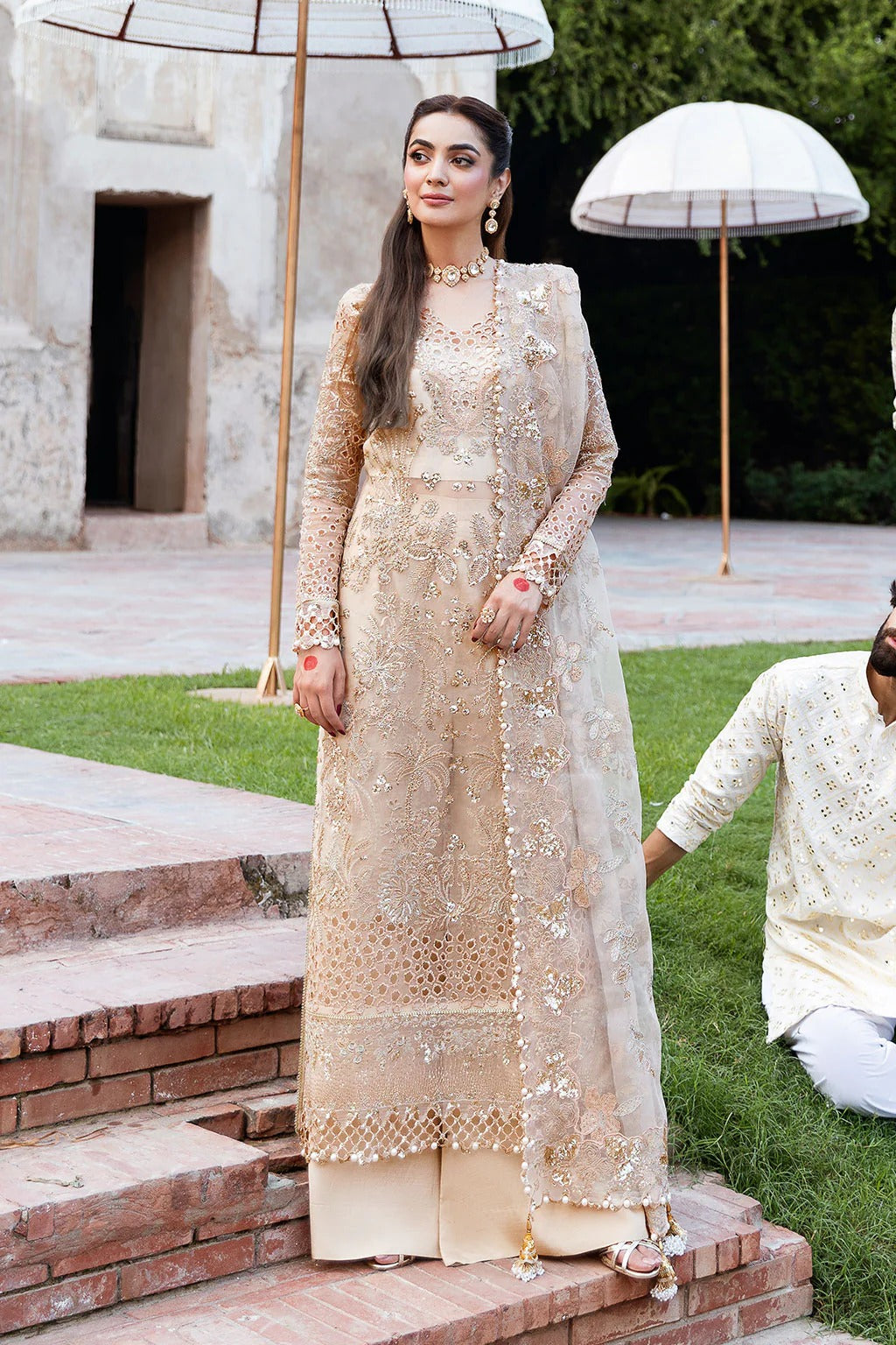 Champagne Embroidered Organza Long Shirt Suit | Raw Silk Straight Trouser & Scalloped Dupatta – Stitched Pakistani Dress UK | Mehfil SF-05 (Sundal) - View 1
