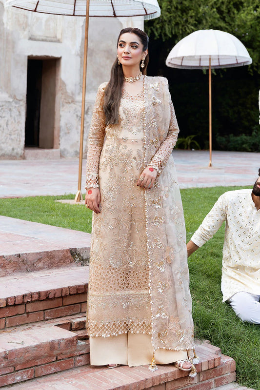 Champagne Embroidered Organza Long Shirt Suit | Raw Silk Straight Trouser & Scalloped Dupatta – Stitched Pakistani Dress UK | Mehfil SF-05 (Sundal) - View 1