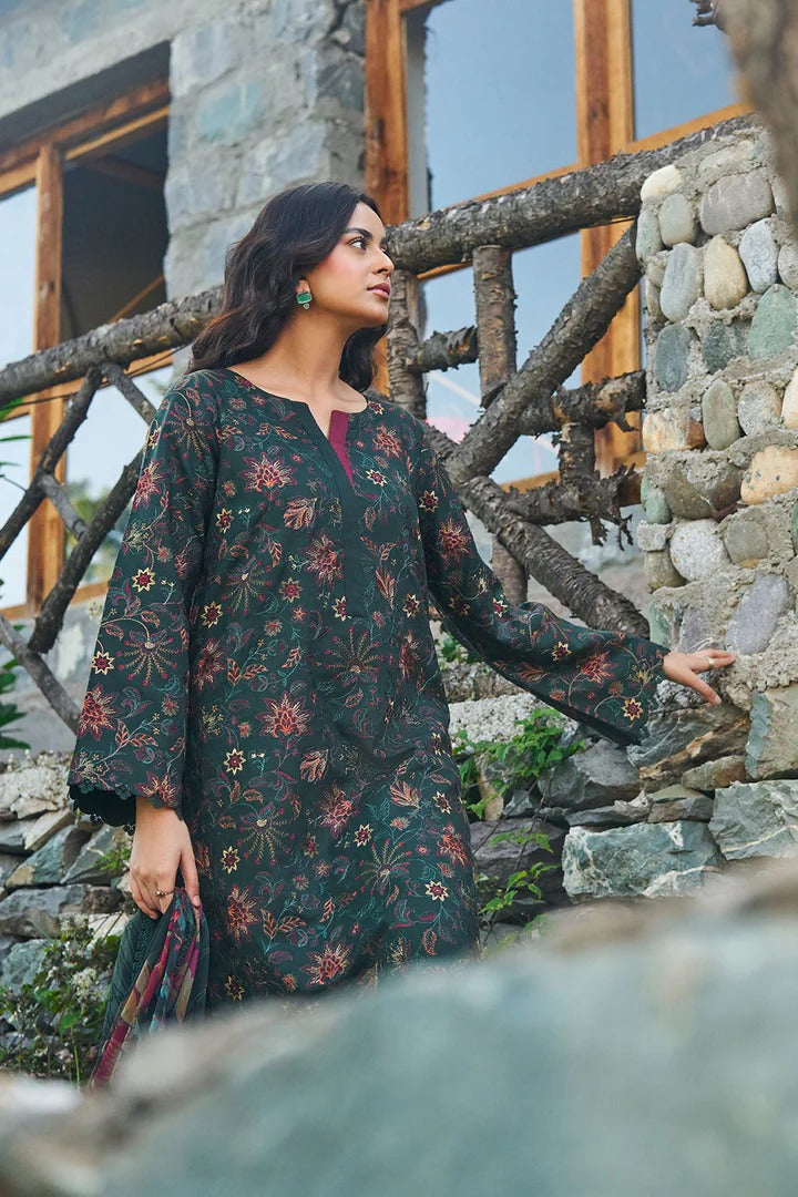 Green Digital Printed Floral Viscose 3-Piece Suit | Scalloped Border & Chiffon Dupatta – Readymade Pakistani Winter Dress UK | Viscose Vol 7 J-703 - View 3