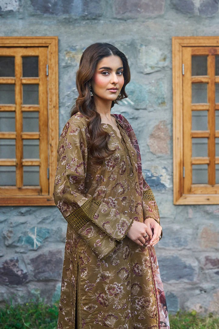 Olive Brown Floral Woven Viscose 3-Piece Suit | Cutwork Lace & Chiffon Dupatta – Ready to Wear Pakistani Winter Dress UK | Viscose Vol 7 J-702 - View 4