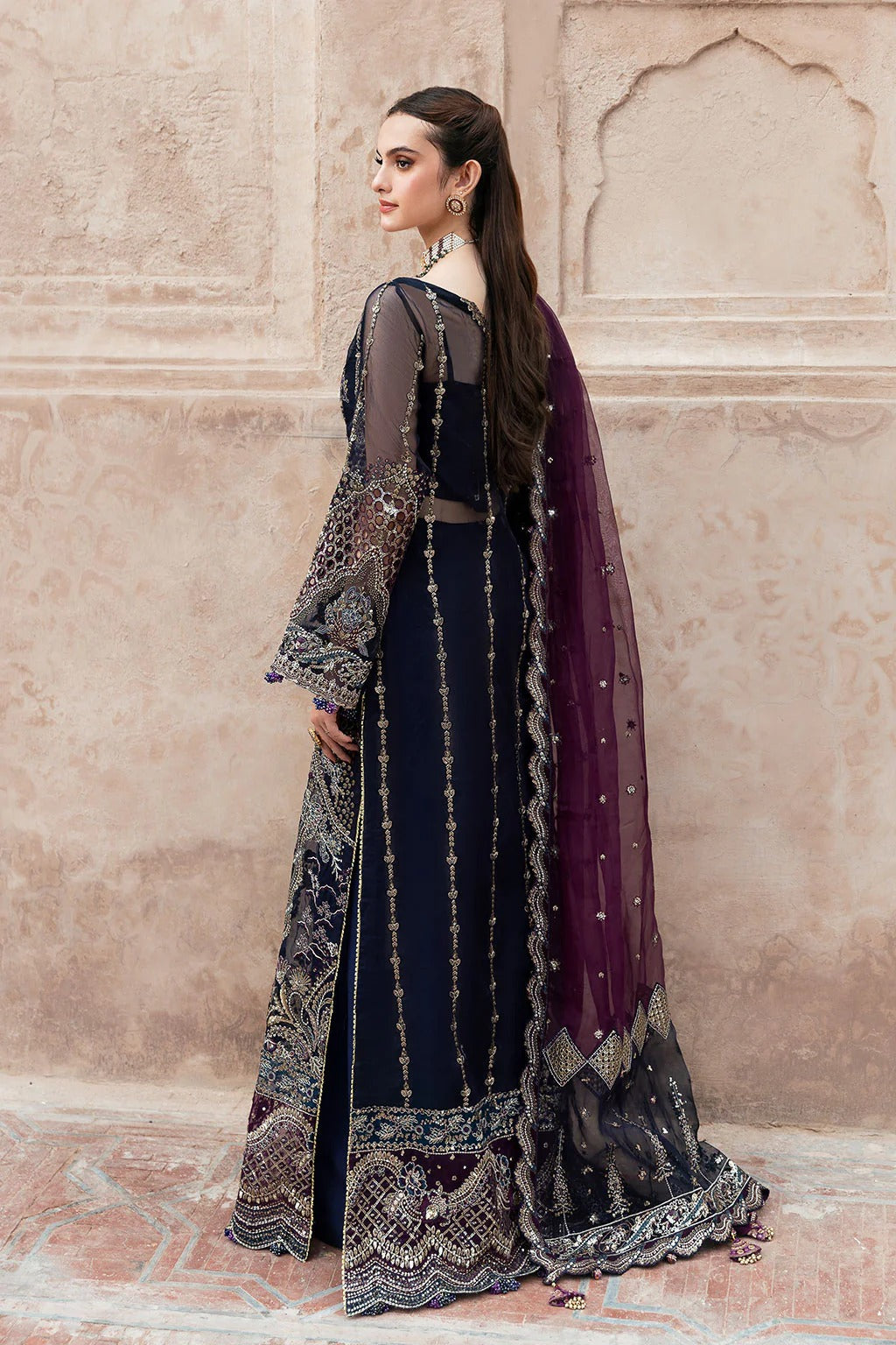 Deep Blue Front-Open Embroidered Gown Suit | Raw Silk Straight Trouser & Dupatta – Ready to Wear Pakistani Formal Dress UK | Mehfil SF-09 (Neel) - View 2