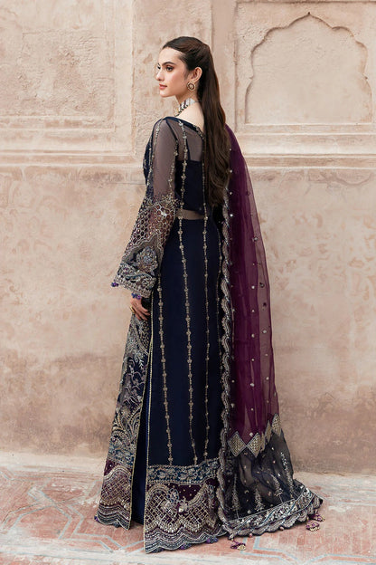 Deep Blue Front-Open Embroidered Gown Suit | Raw Silk Straight Trouser & Dupatta – Ready to Wear Pakistani Formal Dress UK | Mehfil SF-09 (Neel) - View 2