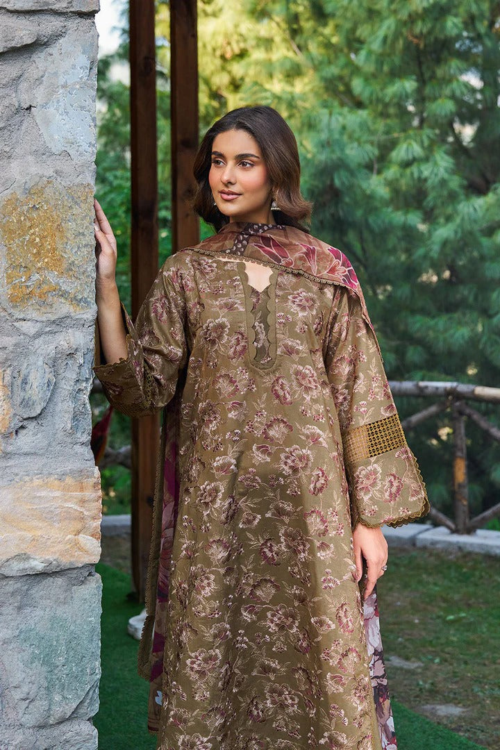 Olive Brown Floral Woven Viscose 3-Piece Suit | Cutwork Lace & Chiffon Dupatta – Ready to Wear Pakistani Winter Dress UK | Viscose Vol 7 J-702 - View 5