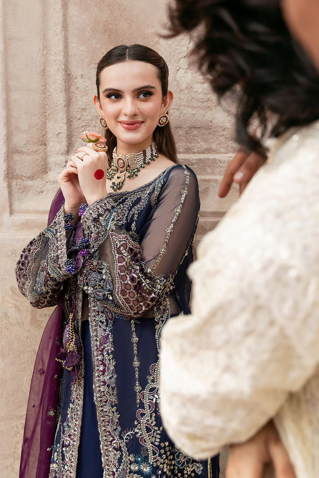 Deep Blue Front-Open Embroidered Gown Suit | Raw Silk Straight Trouser & Dupatta – Ready to Wear Pakistani Formal Dress UK | Mehfil SF-09 (Neel) - View 3