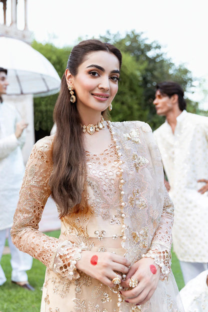 Champagne Embroidered Organza Long Shirt Suit | Raw Silk Straight Trouser & Scalloped Dupatta – Stitched Pakistani Dress UK | Mehfil SF-05 (Sundal) - View 3